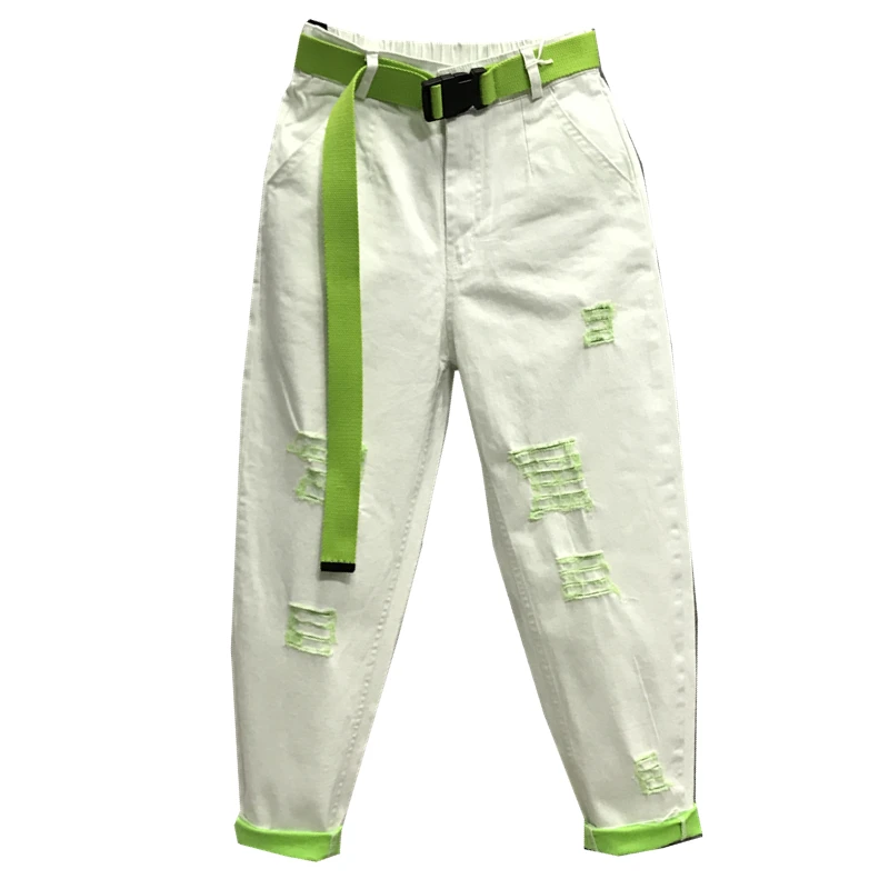 

Candy hit color jeans 2019 spring summer women new loose hole light green ankle length harem jeans