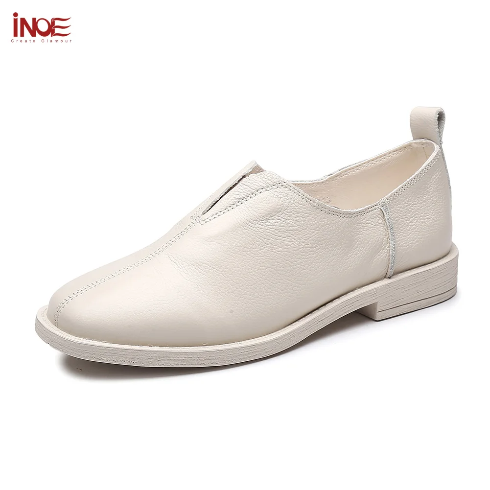 

INOE 2019 genuine leather women spring casual shoes for lady sneakers loafers elegant low heel slip on autumn shoes beige black