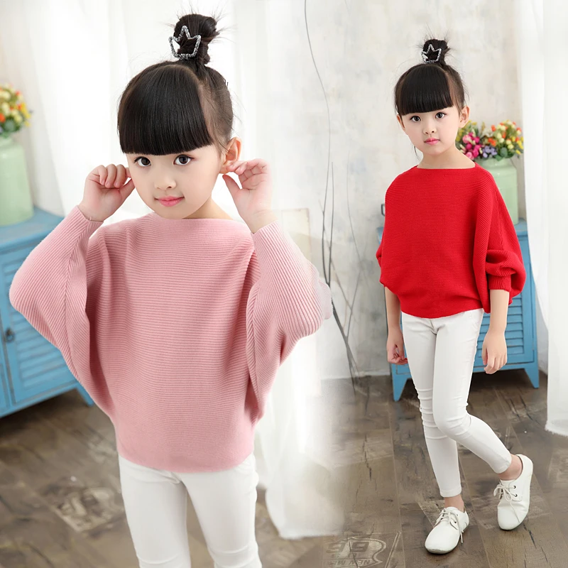 Günstig 2019 herbst kinder kleidung mädchen gestrickte pullover solide dünne mädchen fledermaus pullover für mädchen große kinder pullover pullover