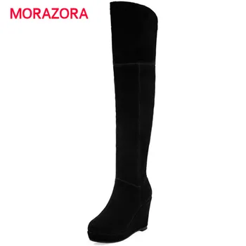 

MORAZORA 2018 new wedges platform over the knee boots women round toe super high heel fashion boots autumn winter zipper boots