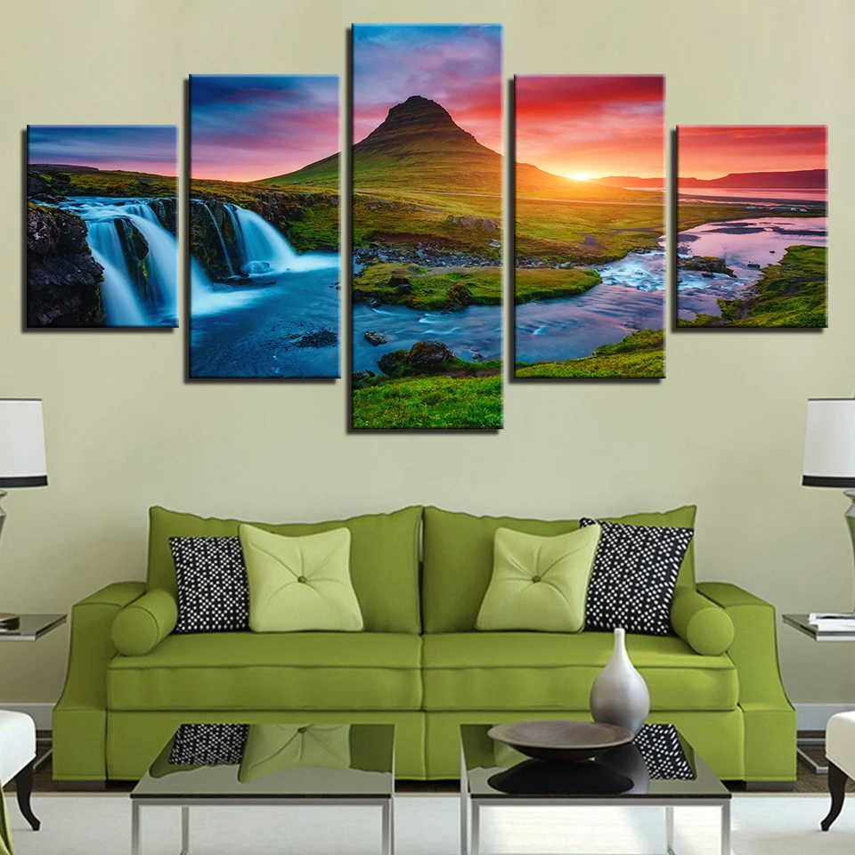 Настенные картины на холсте 5 шт. красивые исландские картины с изображением водопада зеленая горная река пейзаж плакаты домашний декор