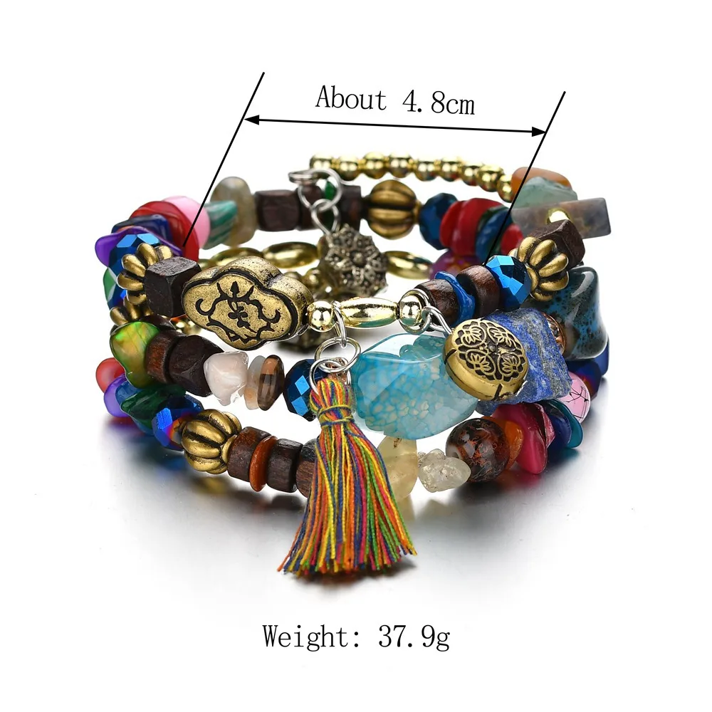 Женский браслет цепочка ручной работы с разноцветными кристаллами и кисточкой