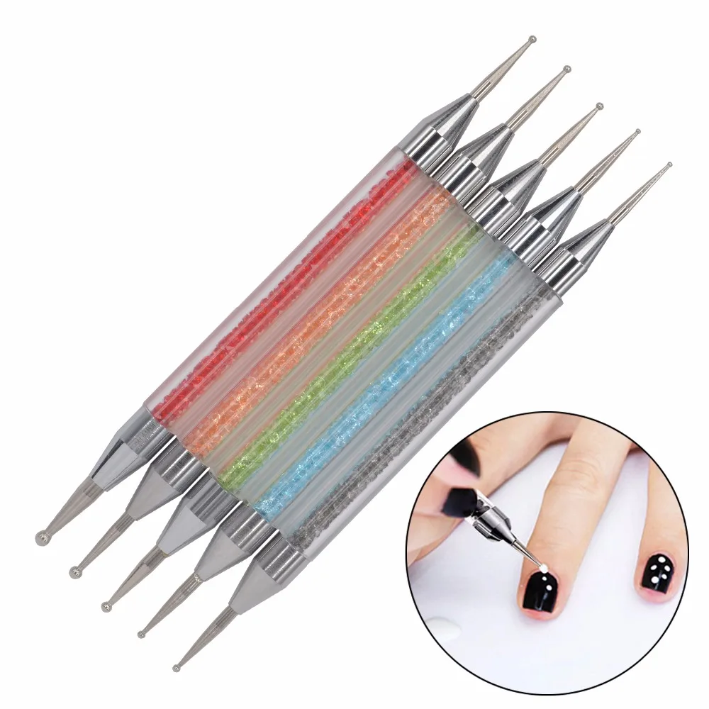 

5Pcs/Pack Nail Art Tools Rhinestones Painting Drawing Brush Pen 2 Way Nail Art Dotting Tool 15