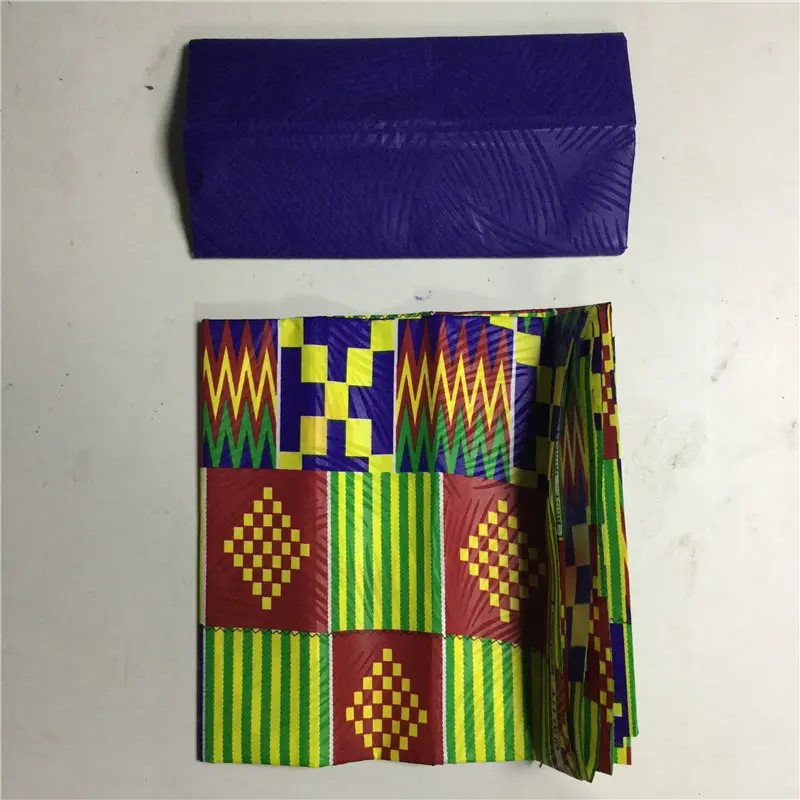 

New match 2yards plain wax with 2yards kente prints fabric wax nigerian hot selling polyester prints fabric for cloth AW30