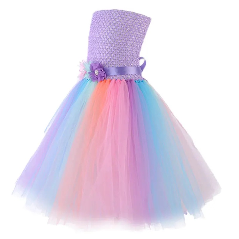 1-12Y Flower Girl Dresses Girls Unicorn Rainbow Dress Strapless Ankle Length Ball Gown For Birthday Party Wedding With Headgear