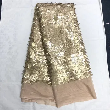 

2019 high quality sequence French Nigerian sequins net lace,African tulle mesh sequence lace fabric for dress 5yards/lot Gold(2