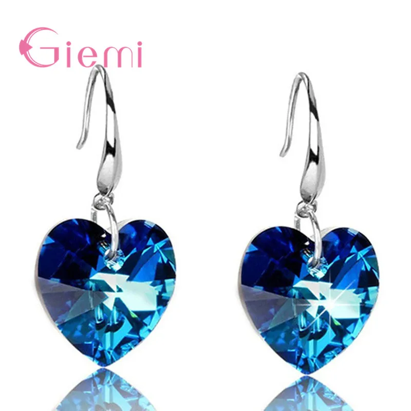 

Sparkling Blue Austrian Crystal Love Heart Earrings for Women 925 Sterling Silver Dangle Eardrop Elegant Wedding Jewelry