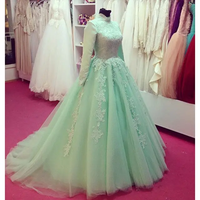 Real Pictures Aqua Green Long Sleeve Muslim Islamic Arabic Evening Dress Sweep Train Beaded Lace Appliques