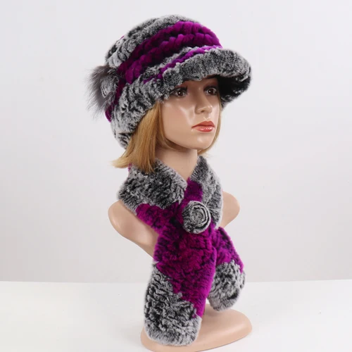 grey purple Новинка, модная меховая шапка для девушек, женская зимняя шапка, натуральный настоящий мех кролика, шапка, шарф, люкс Качество, женская шапка из натурального меха, глушитель - Цвет: grey purple