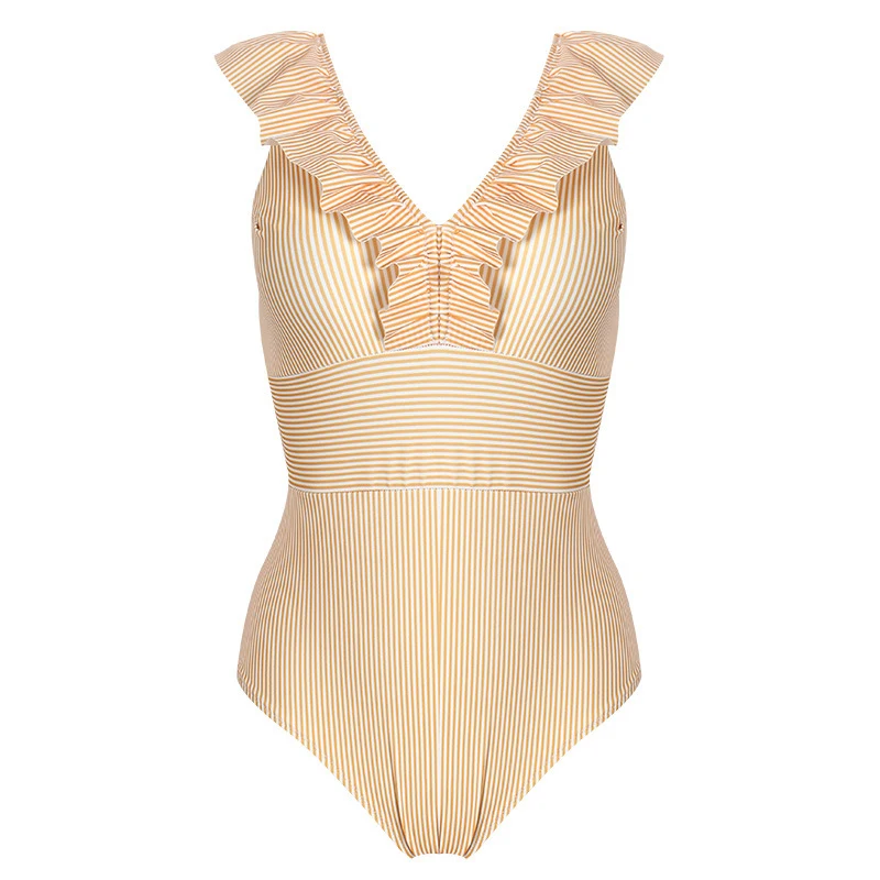 

New Six Color Comfortable Swimsuit Summer Ladies Conjoined High Waist Bikini Multi-size Striped Ruffled Backless Swimsuit