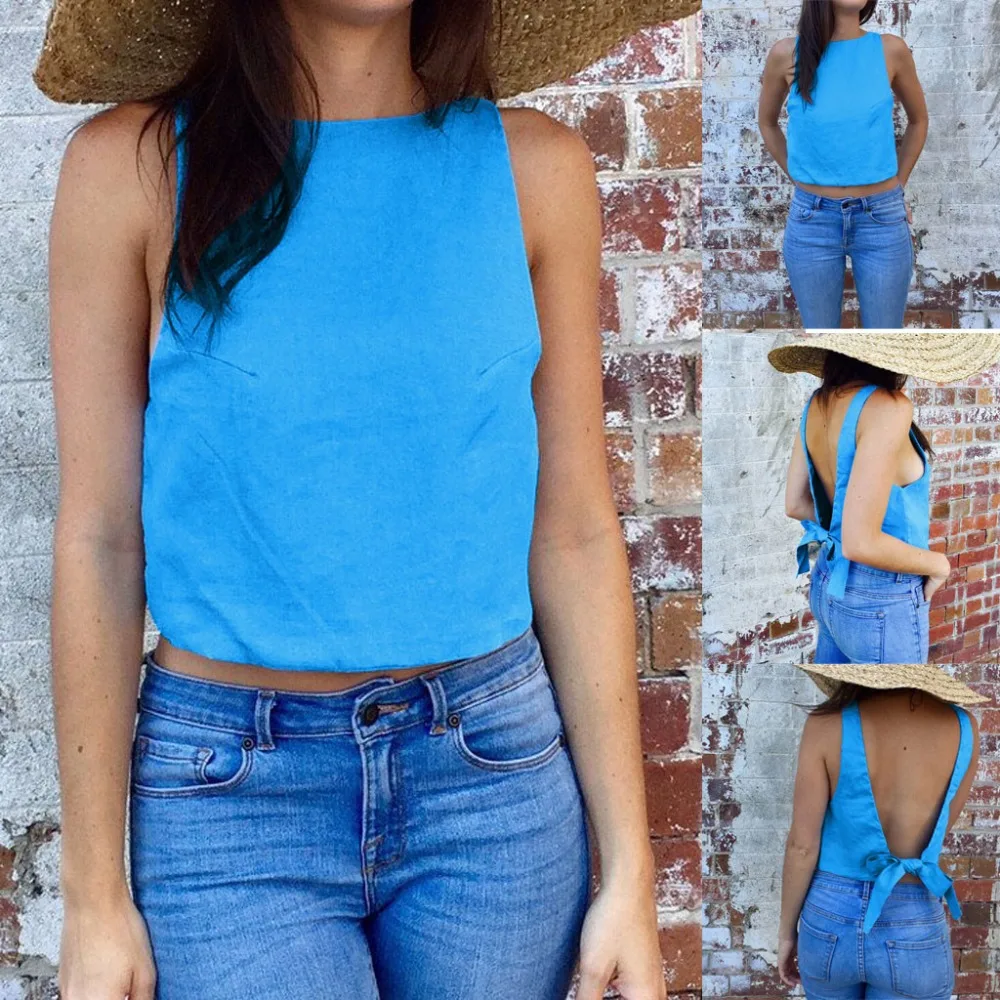 Однотонный галстук-бабочка Camisole Сексуальная майка с выемкой Топы женские летние базовые кроп Топ уличная мода крутые короткие футболки для девочек
