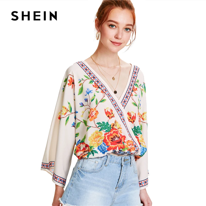 SHEIN Цветочный Топ 2019 Летние Цветочные Блузы С V образным Вырезом Длинным