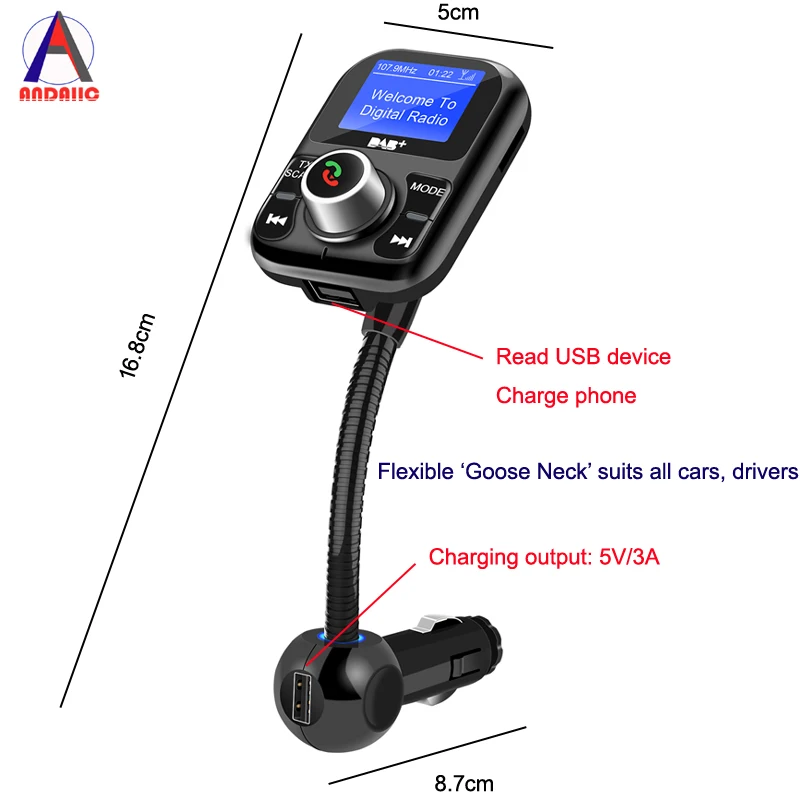  DAB receptor de radio dab + adaptador de convertidor FM USB antena coche manos libres Bluetooth