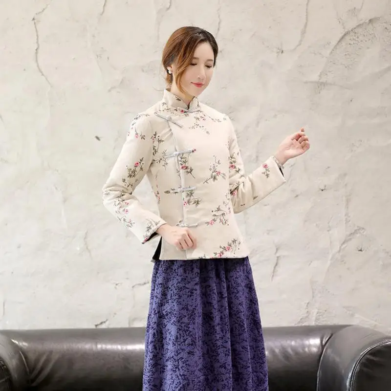 Femme À Traditionnel Femmes Manches Mandarin Élégant B Tang Vêtements style Outwear Vintage Coton Col Veste Chaud A Imprimé Longues Style Fleur aqOAfwxAg