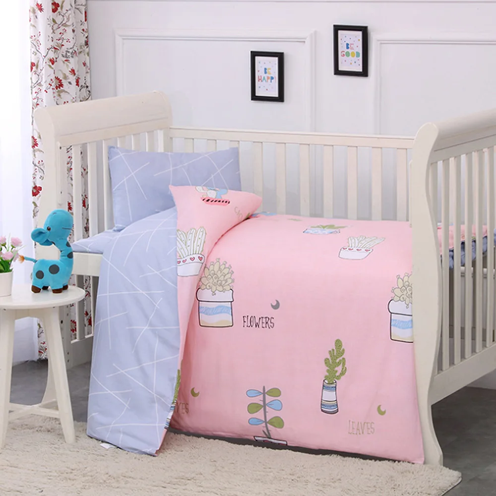 3Pcs Cotton Crib Bed Linen Kit For Boy Girl Cartoon Baby Bedding Set Pillowcase + Bed Sheet + Duvet Cover (Without Filler)