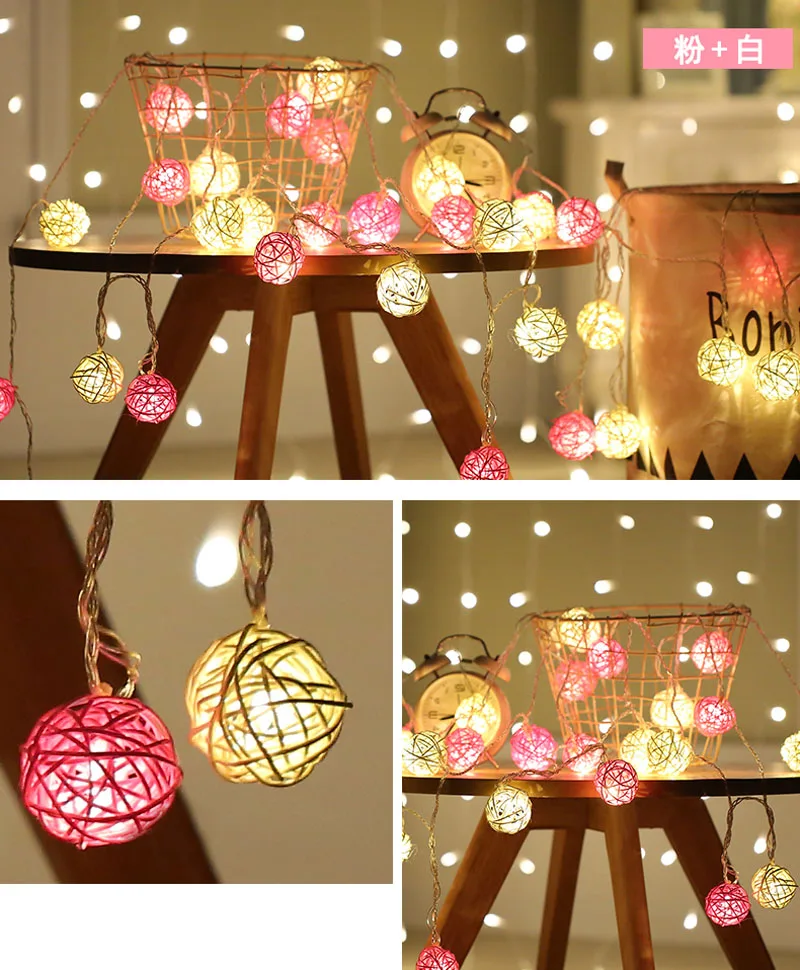 Светодиодный светильник-гирлянда на Рождество, 20 белых розовых ротанговых шаров, Свадебный Сказочный светильник для украшения сада и комнаты