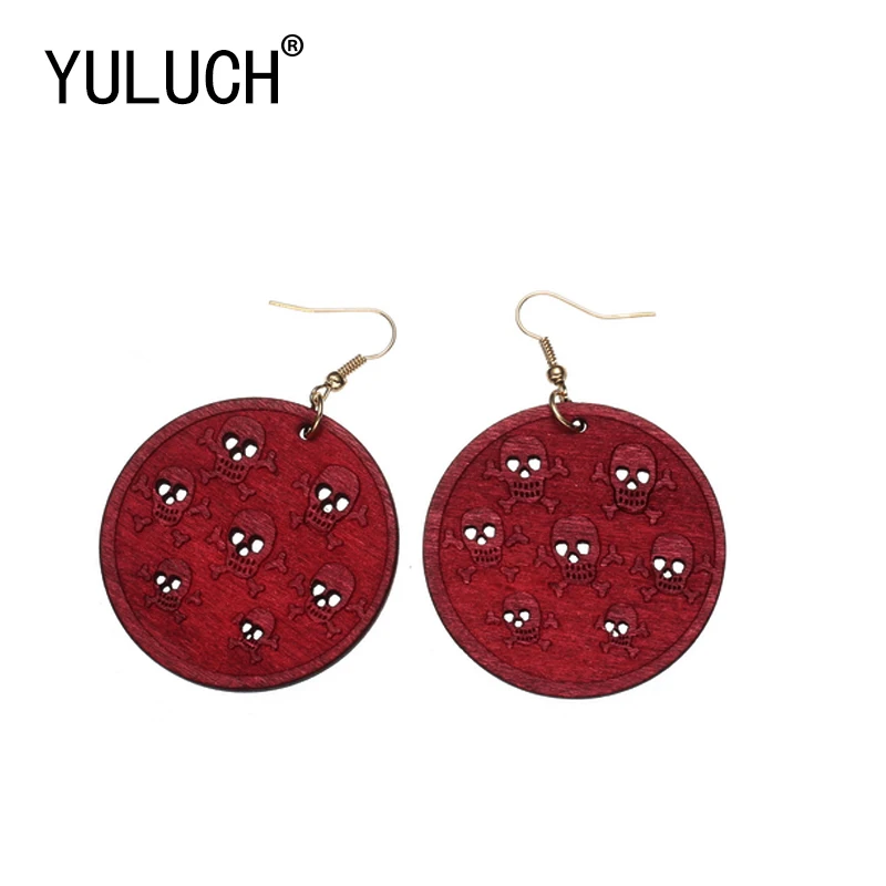 

YULUCH Novelty Round Wood Skull Pendant Openwork Earrings for Woman Halloween Jewelry Special Individuality Earrings for Girl