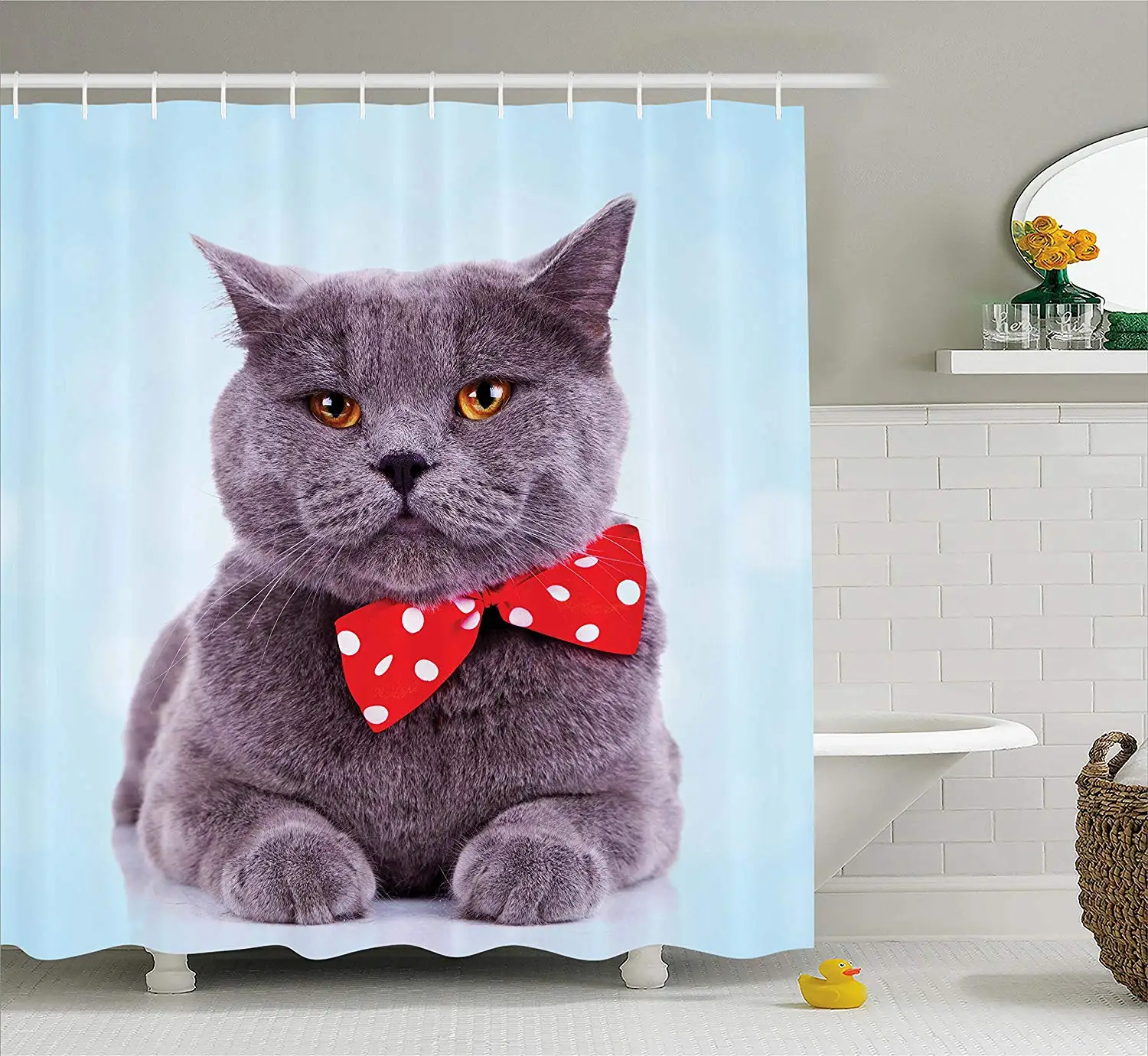 Cat Decor Shower Curtain Tuxedo Gray Scottish Fold Theme with Red White