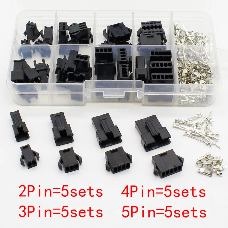 SM2.54 Kit de 20 juegos en caja, 2p, 3p, 4p, 5p, 2,54mm, paso hembra y macho, conectores de cabecera, adaptador