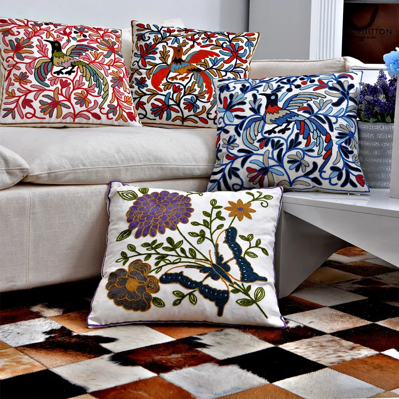 

Peacock Embroidered Cushions Cover Home Decor Blue Decorative Pillows Case Animal Embroidery Pillowcase Red Cushions For Sofa