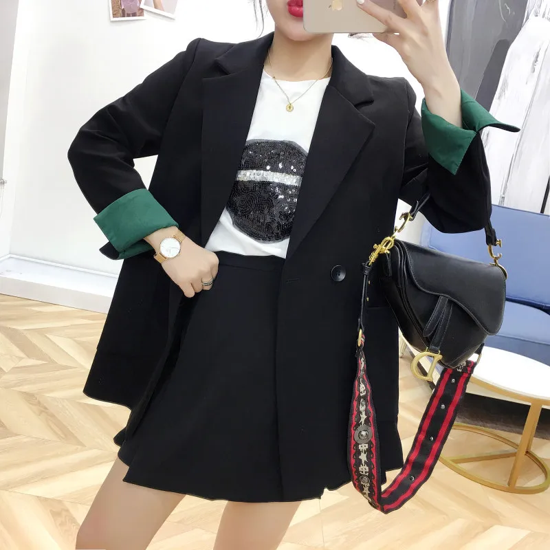 

2019 Spring Autumn Black Chic Suit Jacket Female Long section Korean Loose Casual Blazer Suit Women Outerwear N618