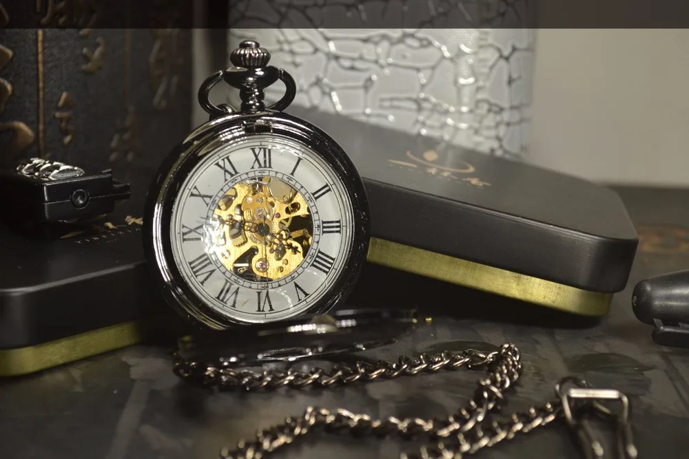 Стимпанк Роскошные модные Античный Черный Скелет Механические карманные часы Для мужчин цепи Цепочки и ожерелья Бизнес Повседневное
