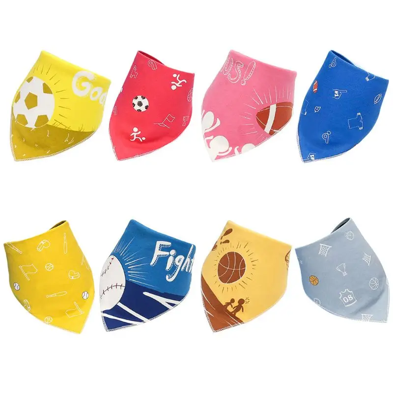 

2Pcs Baby Cotton Saliva Towel Sports Printing Kids Double-layer Eating Table Bib Snap Button Triangle Shape Bibs