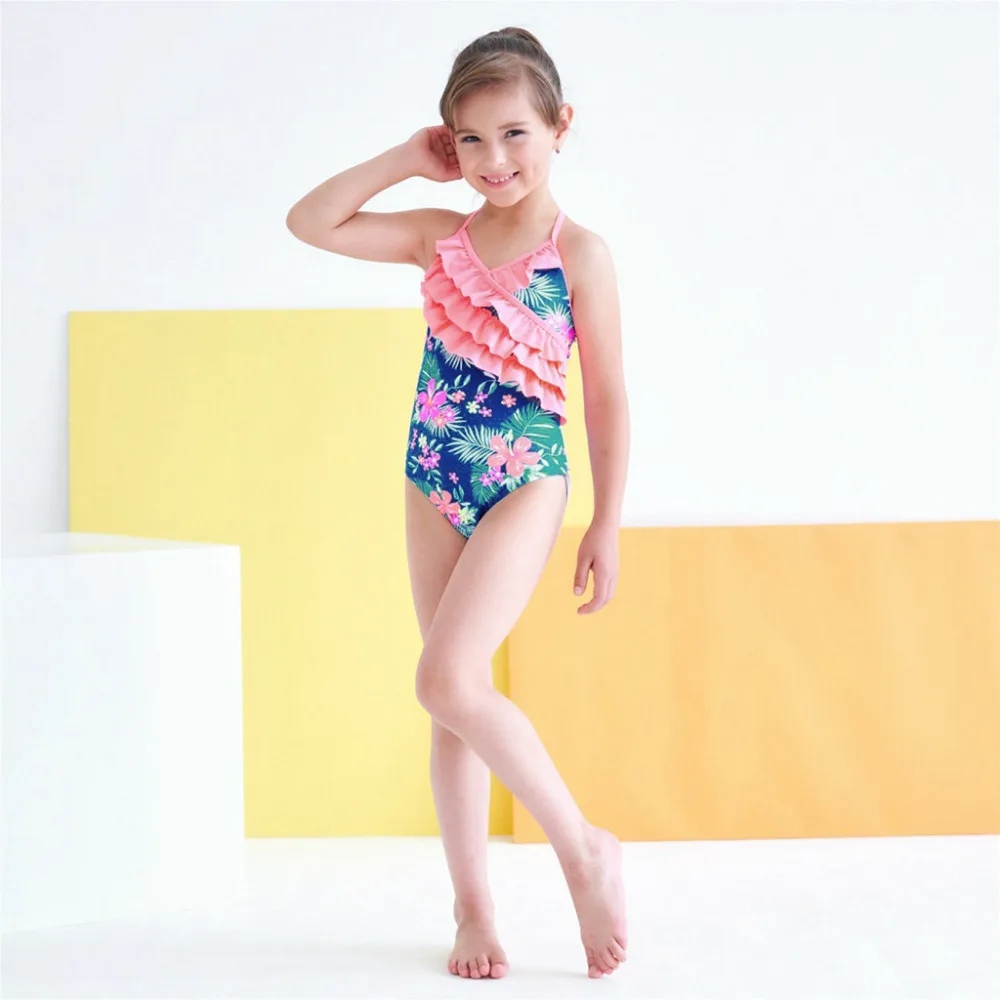 Летний детский купальный костюм с оборками и цветочным принтом для маленьких девочек, комбинезон