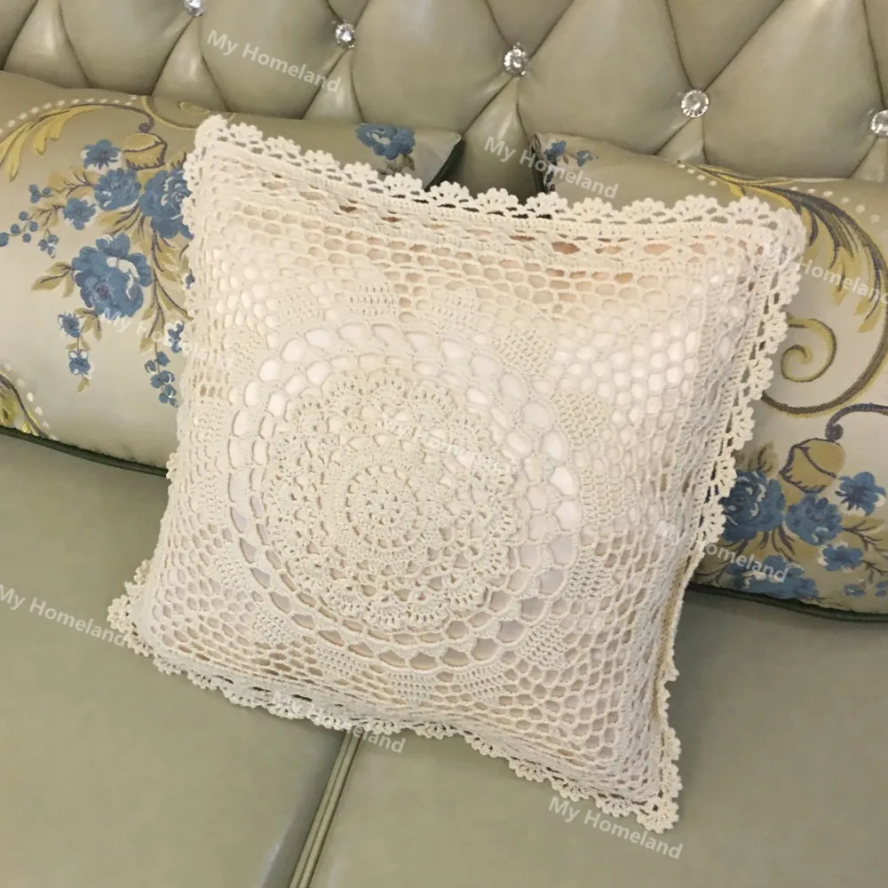 Vintage Style Euro Size Hand Crochet Flower Cotton White Cushion Cover L 