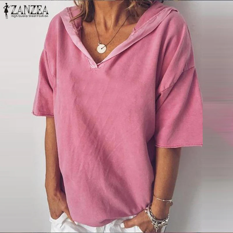 

Summer Hoodies Short Sleeve Blouse ZANZEA Women Shirt Casual Solid Loose Tunic Tops Robe Femme Party Blusas Mujer Tee Plus Size