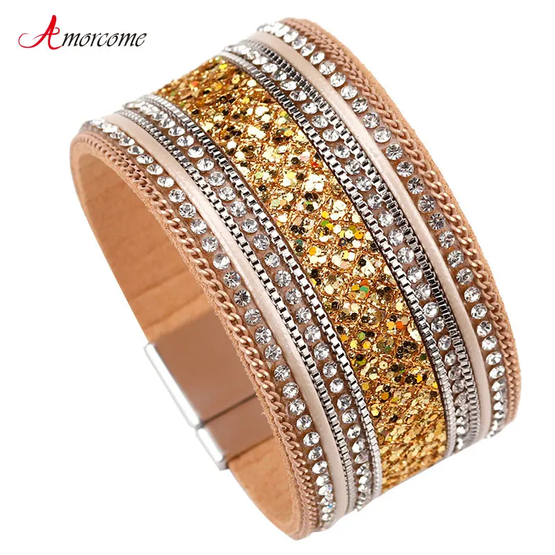 

Amorcome Wide Leather Bracelet For Women Magnet Clasp Gold Color Sequins Rhinestone Wrap Bracelets & Bangles Female Jewelry Gift