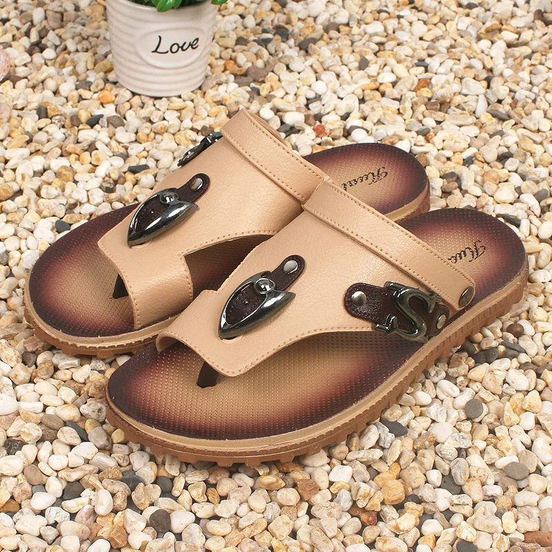 

Roman Style Men 's Sandals Imitation Leather Beach Slides Soft Surface Leather Flip Flops Pvc Black Shoes X1170 35