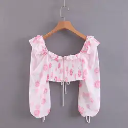 Милые шикарные розовые короткие блузки с оборками милые Стильные топы со шнуровкой и квадратным воротником для девочек, повседневные