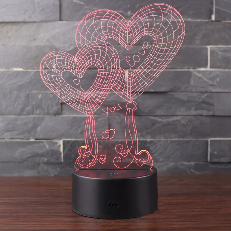 Два сердца соединены вместе тема 3D лампа светодиодный ночник 7 цветов Изменение сенсорного настроения лампа Рождественский подарок Прямая