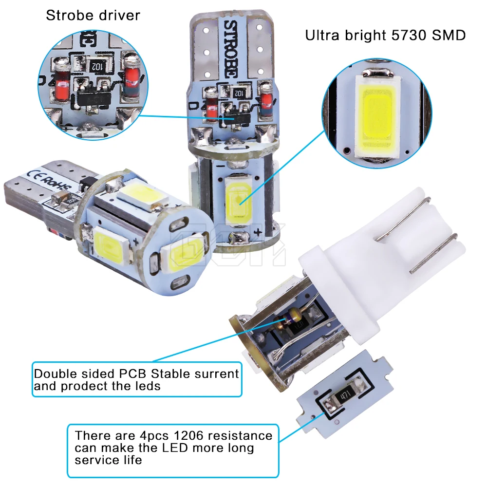 2 шт./лот T10 светодиодная стробоскопическая вспышка W5W t10 5smd led 5630 5730 5 светодиодов