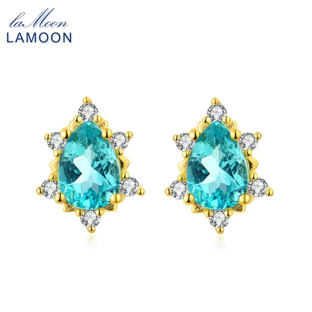 LAMOON 5x7mm 2ct 100% Natural Pear Cut Blue Apatite 925 sterling silver jewelry Stud Earring S925 LMEI048