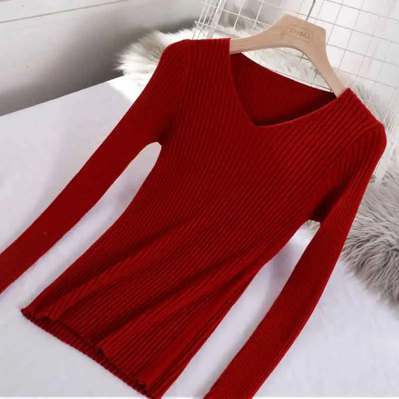 Базовый Однотонный свитер с v-образным вырезом на осень и зиму, пуловер для женщин, женский вязаный свитер, тонкий свитер с длинным рукавом, дешевый свитер badycon - Цвет: Красный