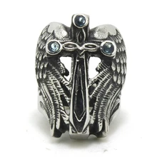 Голубые кристаллы Мода орел Крылья кольцо крест Иисуса 316L нержавеющая сталь для мужчин мальчиков полировка коктейльное байкерское кольцо