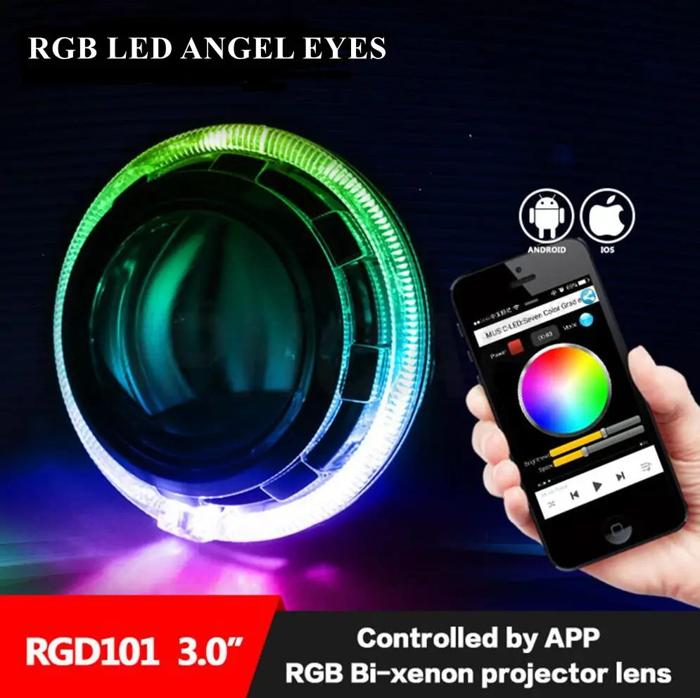 

hid Bi-xenon lens kit Bluetooth APP Control RGB LED Angel Eyes Color-changing with h1 projector lens car headlight fit for h1
