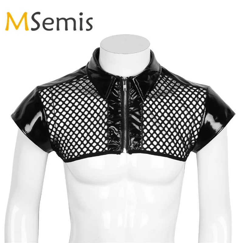 Mens Mesh Crop Top Cap Sleeve Leather Splice Shoulder Chest Harness Shirt Muscle Gay Men