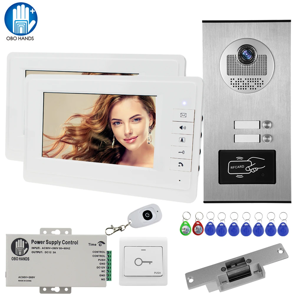 7'' Wired Home Video Intercom RFID Access IR Camera Door Bell Kit with Electric Lock 2 Monitors for two Apartments EM key Unlock 7'' Wired Home Video Intercom RFID Access IR Camera Door Bell Kit with Electric Lock 2 Monitors for two Apartments EM key Unlock