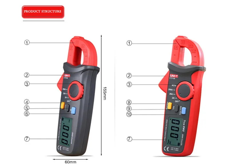 UNI-T UT210A/UT210B/UT210C AC 200A Мини цифровые клещи; сопротивление/Емкость/температура, ЖК-подсветка