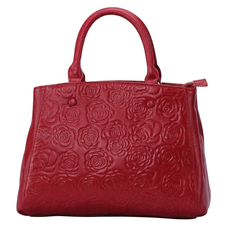 

Brand Genuine Leather Women Top Handle Bag With Floral Pattern Embossing Women Tote Vintage Bag Lady Shoulder Bag Sac A Main
