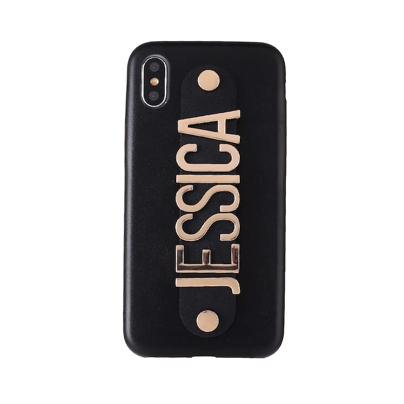 Для iPhone 11 Pro XR 6S XS Max 7 7Plus 8 8Plus чехол для телефона из кожи с золотыми буквами из металла роскошный смелый индивидуальный именной текст - Цвет: Black Leather Case