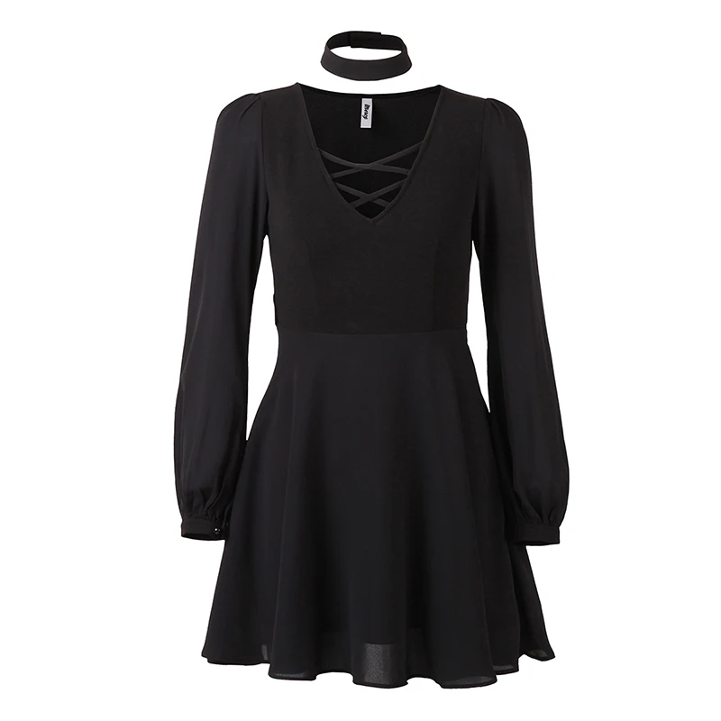 

Women Gothic V-Neck Dress Winter Black Retro Choker Dress A-Line High Waist Lace Up Goth Mesh Lantern Sleeve Dress Autumn