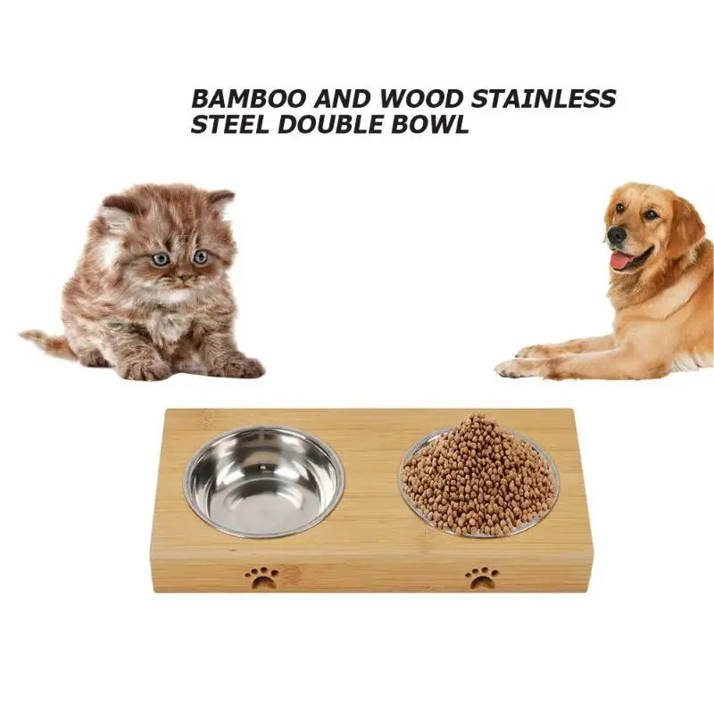 Деревянная бамбуковая рама из нержавеющей стали, керамическая двойная миска для кошек и собак, Бамбуковая кормушка для кошек и собак, трудно сбивать