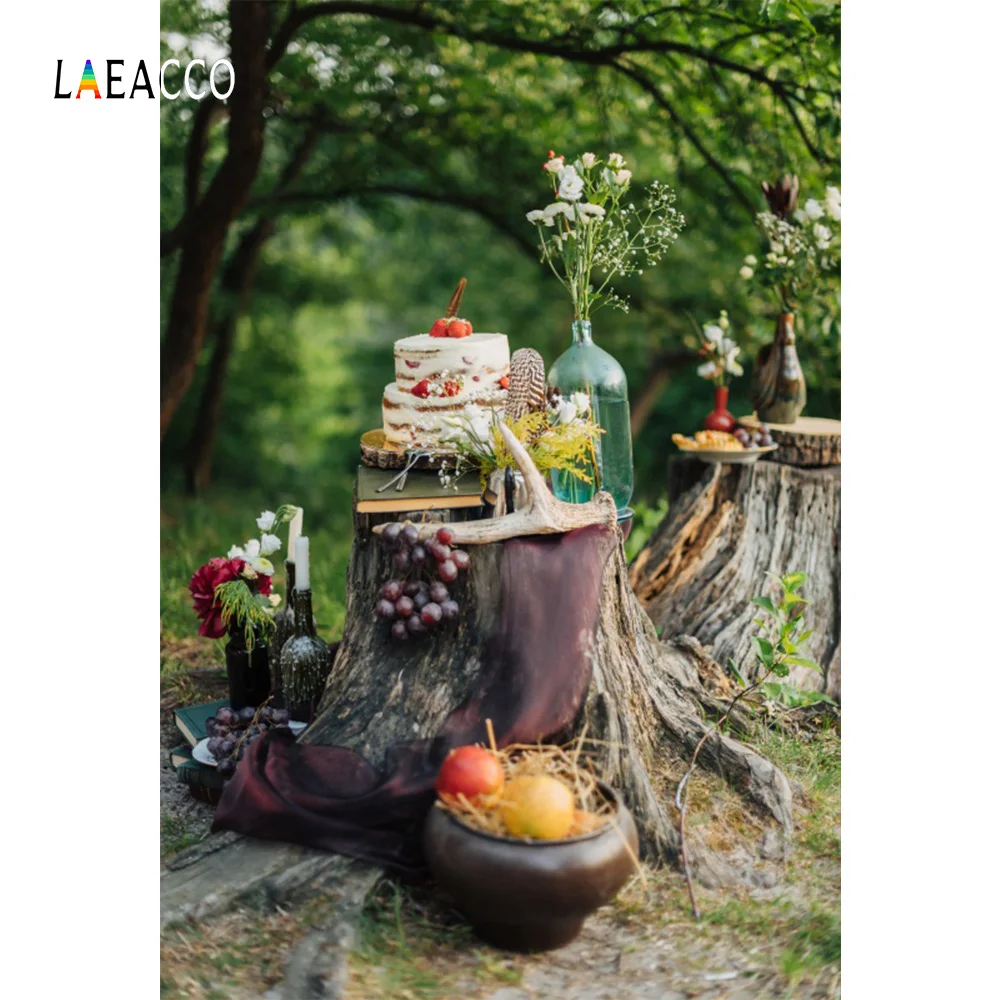 

Laeacco Picnic Food Cake Fruit Tree Stump Photography Backgrounds Customized Photographic Backdrops Props For Photo Studio