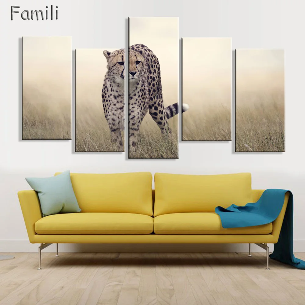 5 Panel Grassland Leopard Cheetah Wild Animals Modern Art