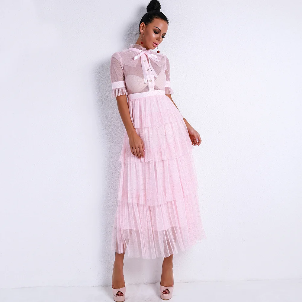 

Vintage Dress Elegant Celebrity Evening Party Fashion Night Club Sexy Women Long Layered Dresses Pink White