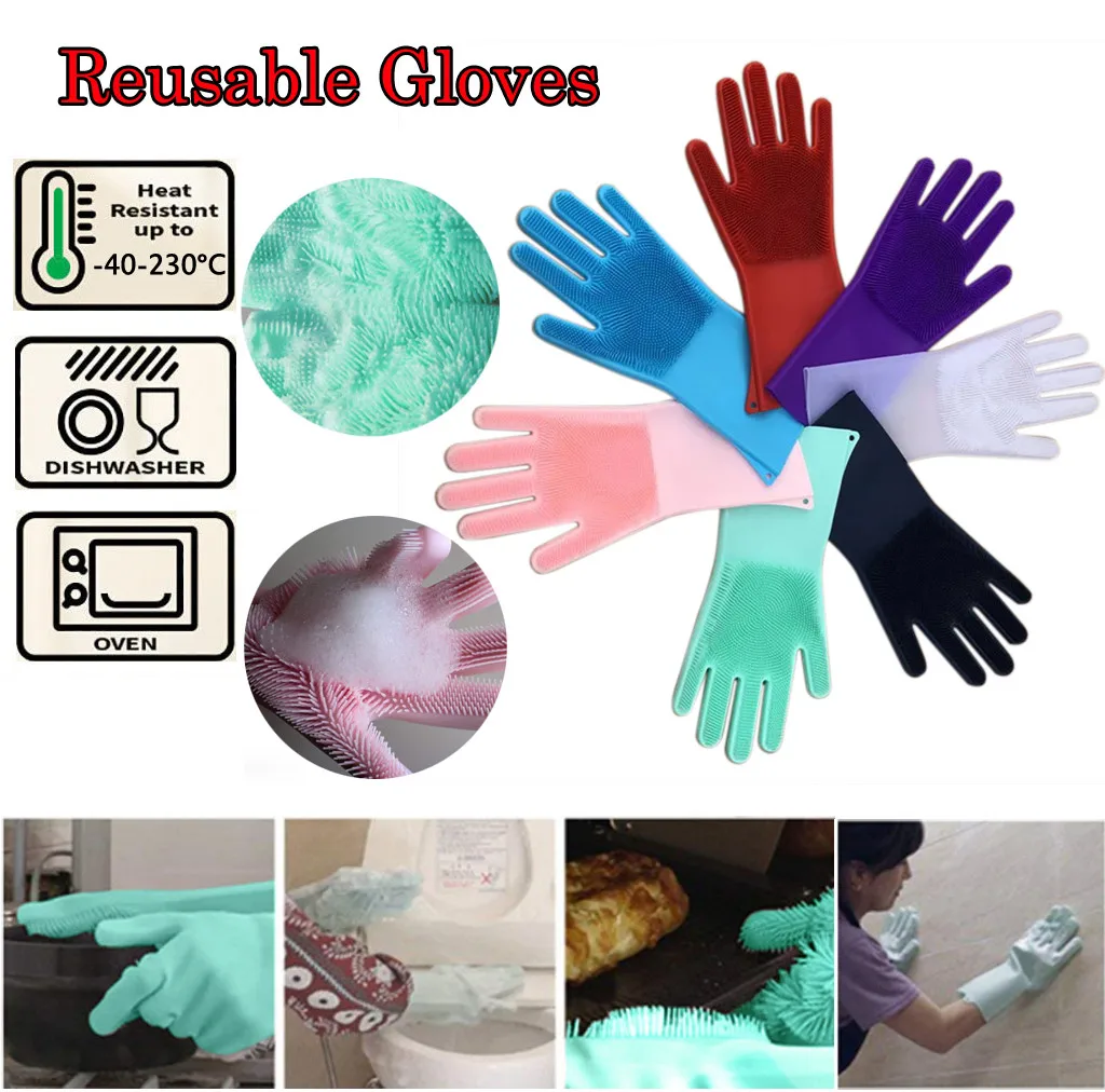 

Magic Reusable Silicone Gloves Cleaning Brush Scrubber Gloves Heat Resistant For Kitchen Cleaning